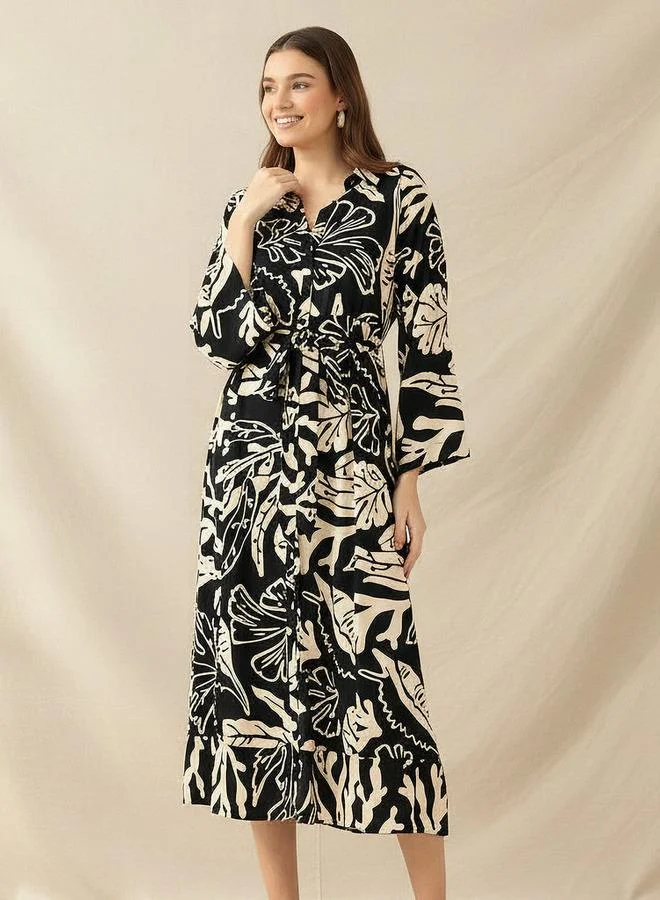 Splash FAV Leaf Print Viscose Women Shirt Dress with Belt